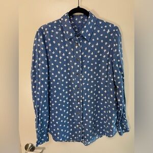 100% Linen Button Down Women’s Medium | Blue And White Ikat Print | Long Sleeve